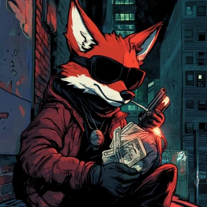 Create an image of a cartoon-style anthropomorphic red fox with...