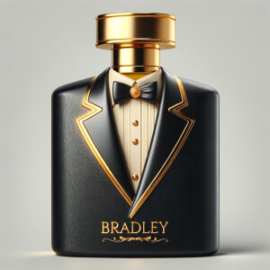 Create a realistic, 3-D cologne bottle That looks like a black Gucci tuxedo with a gold top and the name Bradley written in gold letters