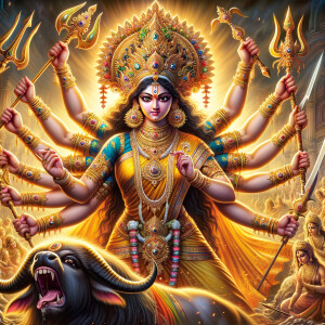 Portrait of Goddess durga killing mahishasur with her trident