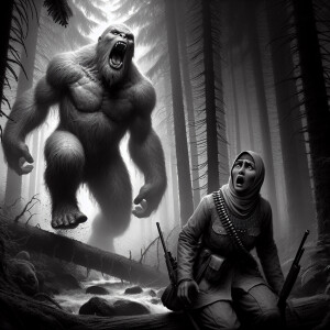 A humanoid sasquatch screaming at a hunter in the woods