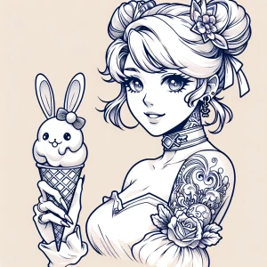 Anime-style woman holding a cone with rabbit-shaped ice cream on...