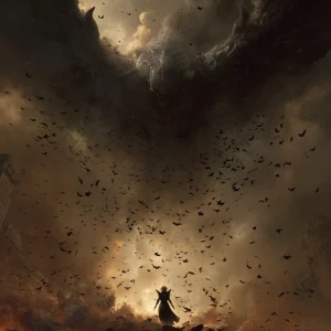 A giant monster stomps on a small female dark angel. As she's cr...