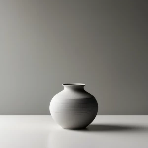 Design a still life scene featuring a single ceramic vase on a s...