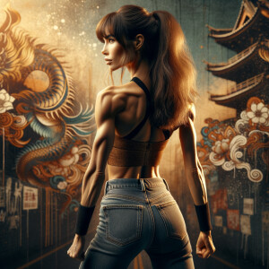 Athletic Thin skinny Attractive, Asian teenage girl, long brown hair and bangs, wearing tight skinny jeans and a halter top paint marks on her clothing, heroic pose Asian graffiti background, backside view