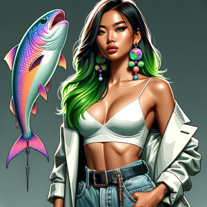 Cute giant purple and neon green piranha