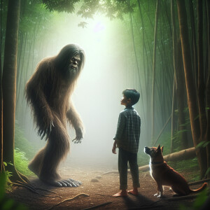 A hairy humanoid Sasquatch emerging from the forest, fixing its...