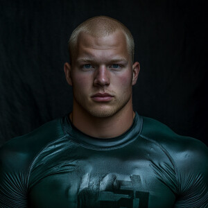 Create a dramatic portrait of a fat athletic man now aged 24, im...