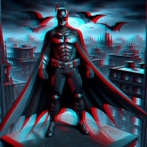 Create a 3D anaglyph image of Batman featuring red and blue ster...