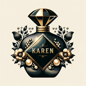 Design a fancy, black and gold bottle of perfume in the shape of a woman’s body. With a golden diamond top, flowers pearls and Diamonds in the name, Karen