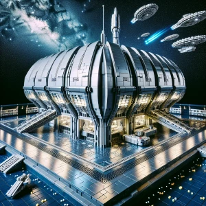 In the midst of a bustling starport, a singular starship hangar...