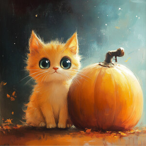 Cartoonish nebulung cat with big eyes, sitting next to a very la...