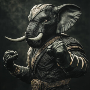 An anthropomorphic elephant  dressed in a fitted black panther c...