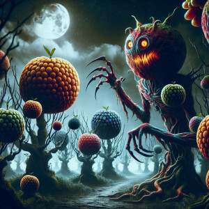 A dramatic and surreal image of strange fruit demons, blending o...
