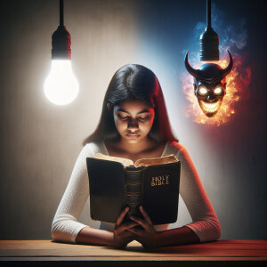 A student deeply engrossed in reading the Holy Bible, their expr...
