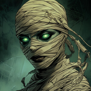 Create an illustration of an mummy woman with glowing green eyes...