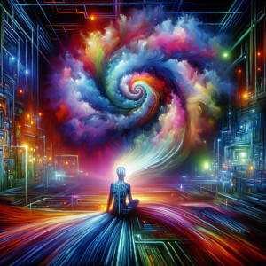 A surreal mind upload depicted in a watercolor painting, the mai...