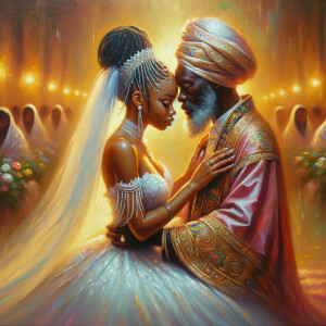 Imagine a hyper-realistic oil painting that captures a tender moment between theAfrican American bride and her God. The setting is intimate and filled with soft, warm lighting that enhances the emotional depth of the scene. The bride, in herexquisite wedding gown, shares a heartfelt embrace with her african-American Lord Jesus , who is dressedin an elegant outfit that complements the wedding's color scheme. Their expressions are full of love, pride, and joy, reflecting the special bond between them. Theattention to detail is paramount, from the intricate designs of their dresses to the subtle emotions conveyed in their facial expressions. The background is a blur ofgentle pastel hues, ensuring that the focus remains on this touching moment. Thispainting should convey the warmth, love, and depth of the relationship, with the rich textures and vibrant strokes characteristic of oil paintings, capturing the essence of this significant pre-wedding moment.