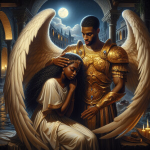 Create an oil painting image featuring a male angel and a grievi...