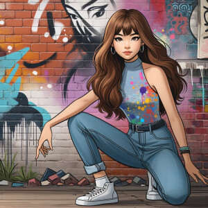 teenage girl, long brown hair and bangs, wearing tight skinny jeans and a halter top paint marks on her clothing, heroic pose Asian graffiti background, nearing on one knee