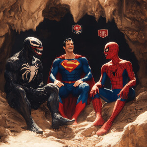 Image is a digitally created scene featuring three well-known su...