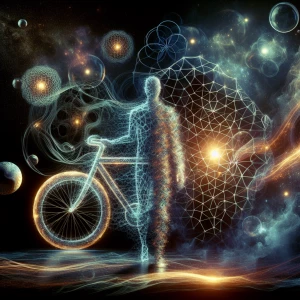 Transparent, figure of  bicycles meshed in wave-particle duality...