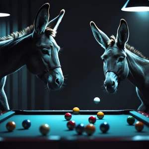 Anthropomorphic donkey playing pool against other anthropomorphi...