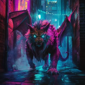 In the eerie glow of a neon-lit alley, a nightmarish manticore l...