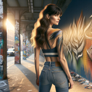 Athletic Thin skinny Attractive, Asian teenage girl, long brown hair and bangs, wearing tight skinny jeans and a halter top paint marks on her clothing, heroic pose Asian graffiti background, backside view