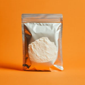 Organic soymilk powder packaged in an aluminum pouch with a ligh...
