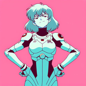 1990s anime screencap, girl a plugsuit, standing with hands on h...