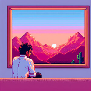 A man sits at a table by a picture window, intently observing th...