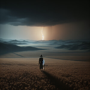 Create an image of a solitary scarecrow in an open field at nigh...