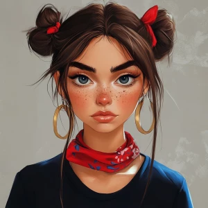 girl with brown hair, thick eyebrows, pumped up lips, potato nos...