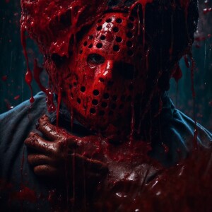 Jason Voorhees holds  the decapitated head of Freddy Kruger, blo...