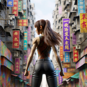 Athletic Thin skinny Attractive, Asian teenage girl, long brown hair and bangs, wearing tight skinny jeans and a halter top paint marks on her clothing, heroic pose Asian graffiti background, backside view