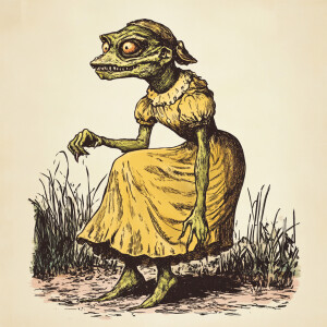 Retro Halloween cartoon. Vintage female swamp monster. Funny