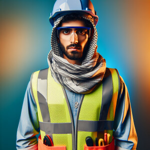 A work site featuring a man wearing all his safety PPE. He is we...
