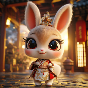 A cute Chinese style cartoon rabbit with an ancient style charac...