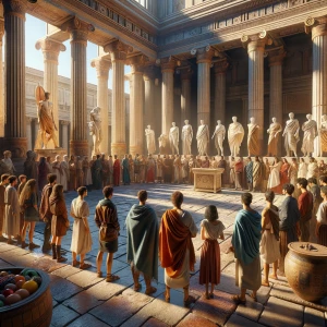 A scene depicting a group of young Greek male concubines standin...