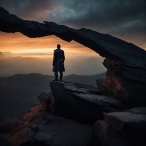 "Create an evocative image of a solitary figure standing resilie...