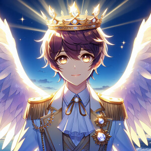 a anime boy with glowing wings and gold crown