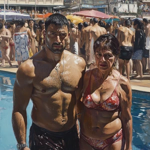 Painting realism photo,a muscular beefy criminal man walking wit...