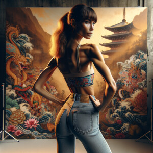 Athletic Thin skinny Attractive, Asian teenage girl, long brown hair and bangs, wearing tight skinny jeans and a halter top paint marks on her clothing, heroic pose Asian graffiti background, backside view