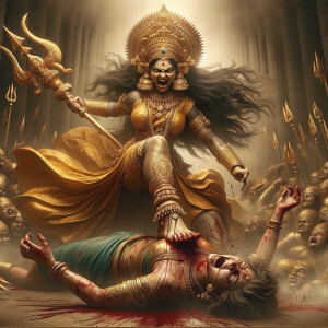 photograph of angry looking, indian goddess trampling a defeated mahishasur with her foot, while he is lying on the ground, she has a trident in her hand. She is wearing gold armor, a huge gold crown, gold saree, abundant  gold jewelry, covered in blood. The scene is set in ancient India. The image is 8K resolution, cinematic, photography, ultra detailed face and epic.