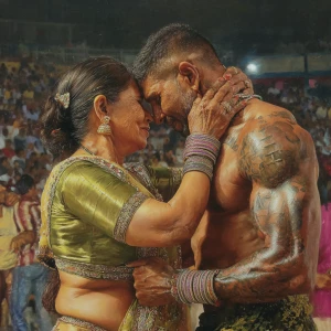 Hyperrealism oil painting,16:9.big guajarat stadium with people...