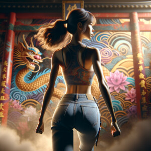 Athletic Thin skinny Attractive, Asian teenage girl, long brown hair and bangs, wearing tight skinny jeans and a halter top paint marks on her clothing, heroic pose Asian graffiti background,  backside view