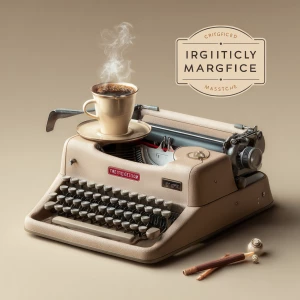 vintage typewriter with coffee steam forming floating text, bold...