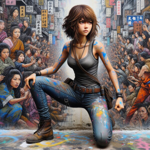 teenage girl, long brown hair and bangs, wearing tight skinny jeans and a halter top paint marks on her clothing, heroic pose Asian graffiti background, nearing on one knee