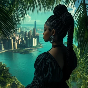 African American woman on rustic tropical Island over looking NY...