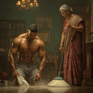 realism. A muscular indian man exercising in his house while his...